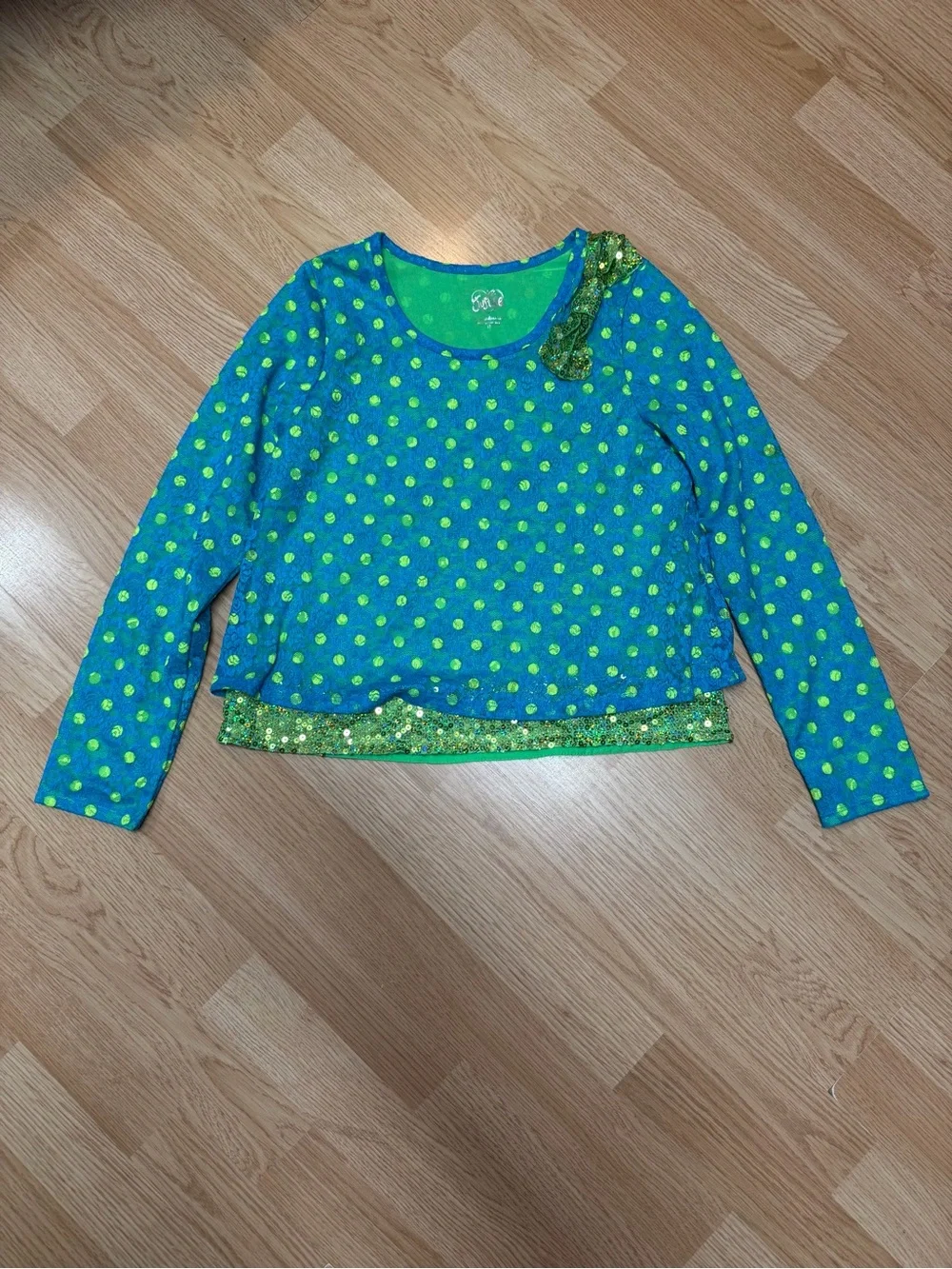 Justice Girls Size 12 Blue Green Polka Dot Sequin Layered Long Sleeve Top